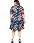 Plus Size Black Floral Print Elbow Sleeve Knee Length Dress