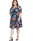 Plus Size Black Floral Print Elbow Sleeve Knee Length Dress