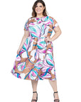 Plus Size Abstract Floral Short Sleeve Pleated Flare Midi Pocket Dress