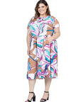 Plus Size Abstract Floral Short Sleeve Pleated Flare Midi Pocket Dress