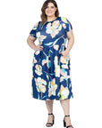 Plus Size Blue Floral Short Sleeve Pleated Flare Midi Pocket Dress