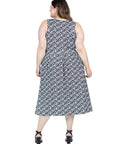 Plus Size Midi Length Black Geo Print Sleeveless Pleated Pocket Dress