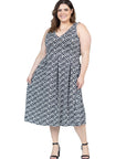 Plus Size Midi Length Black Geo Print Sleeveless Pleated Pocket Dress