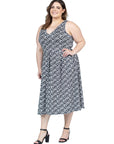 Plus Size Midi Length Black Geo Print Sleeveless Pleated Pocket Dress