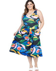 Plus Size Midi Length Multicolor Sleeveless Pleated Pocket Dress