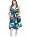 Plus Size Midi Length Multicolor Sleeveless Pleated Pocket Dress
