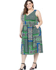Plus Size Midi Length Green Scarf Print Sleeveless Pleated Pocket Dress