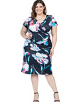 Black Floral Plus Size Knee Length Short Sleeve Faux Wrap Dress