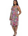 Pink Paisley Print Sleeveless Plus Size Pleated Knee Length Pocket Dress