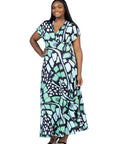 Plus Size Oversized Butterfly Print V Neck Empire Waist Kimono Cap Sleeve Maxi Dress