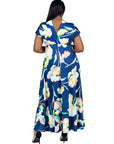 Plus Size Navy Floral Print V Neck Empire Waist Kimono Cap Sleeve Maxi Dress