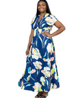 Plus Size Navy Floral Print V Neck Empire Waist Kimono Cap Sleeve Maxi Dress
