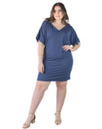 Plus Size Solid Color Loose Fit V Neck T Shirt Style Knee Length Dress