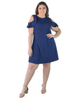 Plus Size Ruffle Cold Shoulder A Line Knee Length Dress