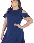 Plus Size Ruffle Cold Shoulder A Line Knee Length Dress