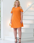 Plus Size Ruffle Cold Shoulder A Line Knee Length Dress
