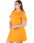 Plus Size Ruffle Cold Shoulder A Line Knee Length Dress