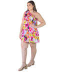 Plus Size Pink and Yellow Floral Print One ShoulderRuffle Mini Dress