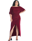 Boat Neck Batwing Sleeve Slit Plus Size Maxi Dress