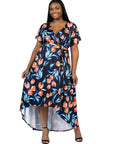 Plus Size Black Floral V Neck Belted High Low Faux Wrap Dress