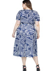 Plus Size Navy and White Short Sleeve Tie Waist Midi Dress
