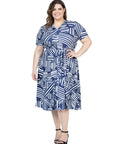 Plus Size Navy and White Short Sleeve Tie Waist Midi Dress