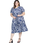 Plus Size Navy and White Short Sleeve Tie Waist Midi Dress