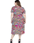 Plus Size Pink Paisley Short Sleeve Tie Waist Midi Dress