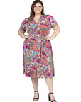 Plus Size Pink Paisley Short Sleeve Tie Waist Midi Dress