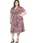 Plus Size Pink Paisley Short Sleeve Tie Waist Midi Dress