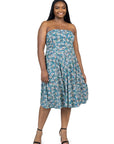 Plus Size Teal Floral Strapless Tube Top Flowy Knee Length Dress