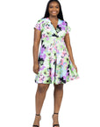 Plus Size Floral Print V Neck Empire Waist Kimono Cap Sleeve Knee Length Dress