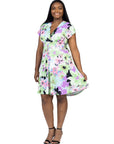Plus Size Floral Print V Neck Empire Waist Kimono Cap Sleeve Knee Length Dress