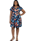 Plus Size Tulip Print V Neck Empire Waist Kimono Cap Sleeve Knee Length Dress