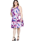 Plus Size Purple Floral Sleeveless Knee Length Tank Swing Dress