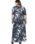 Plus Size Black and White Elbow Sleeve Casual A Line Maxi Dress