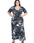 Plus Size Black and White Elbow Sleeve Casual A Line Maxi Dress