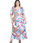 Plus Size Pink Floral Elbow Sleeve Casual A Line Maxi Dress