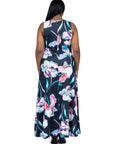 Plus Size Black Floral Print Scoop Neck A Line Sleeveless Maxi Dress