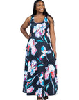 Plus Size Black Floral Print Scoop Neck A Line Sleeveless Maxi Dress