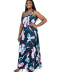 Plus Size Black Floral Print Scoop Neck A Line Sleeveless Maxi Dress