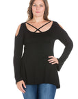 Long Sleeve Plus Size Criss Cross Cold Shoulder Top