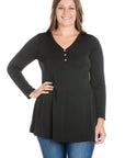 Flared Long Sleeve Plus Size Henley Tunic Top