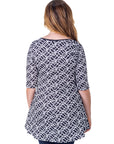 Womens Black Geometric Print Elbow Sleeve Casual Tunic Top