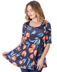 Womens Black Tulip Print Elbow Sleeve Casual Tunic Top