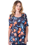 Womens Black Tulip Print Elbow Sleeve Casual Tunic Top