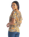 Womens Brown Paisley Short Sleeve Split Shoulder Top