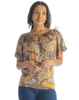 Womens Brown Paisley Short Sleeve Split Shoulder Top