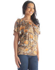 Womens Brown Paisley Short Sleeve Split Shoulder Top