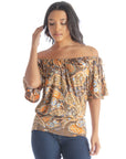 Womens Brown Paisley Short Sleeve Split Shoulder Top